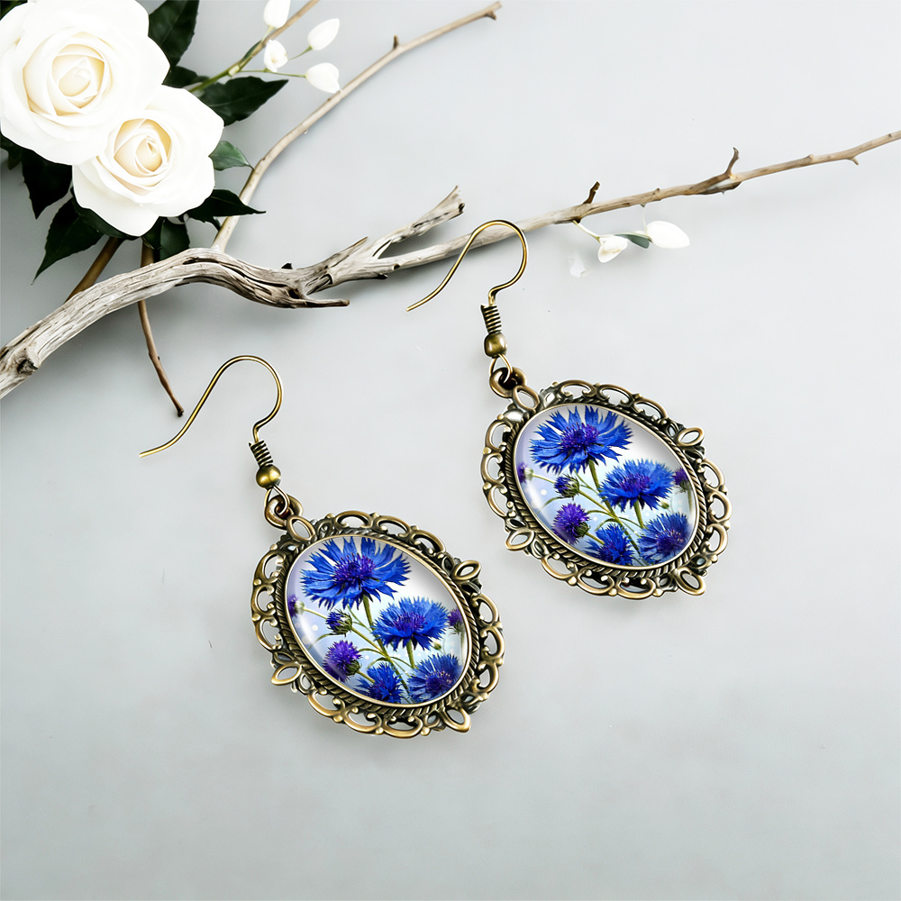 Blooming Blue Cornflowers Dangle Earrings, Handmade Gift